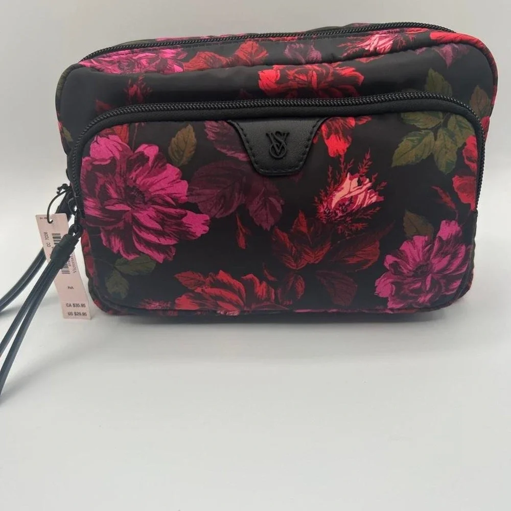 Victoria's Secret Dark Floral Double Zip Cosmetic Bag Travel Pouch NWT
